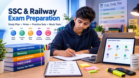 Student preparing for SSC and Railway exams with a study plan and books